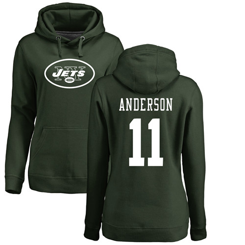 New York Jets Green Women Robby Anderson Name and Number Logo NFL Football #11 Pullover Hoodie Sweatshirts